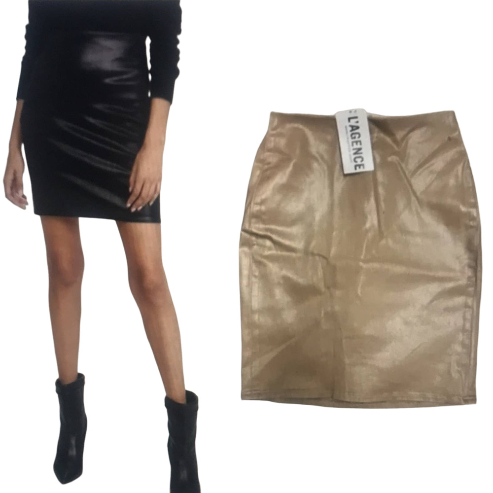 NWT L’agence Brandy Tan stretch faux leather Pull on pencil skirt size M